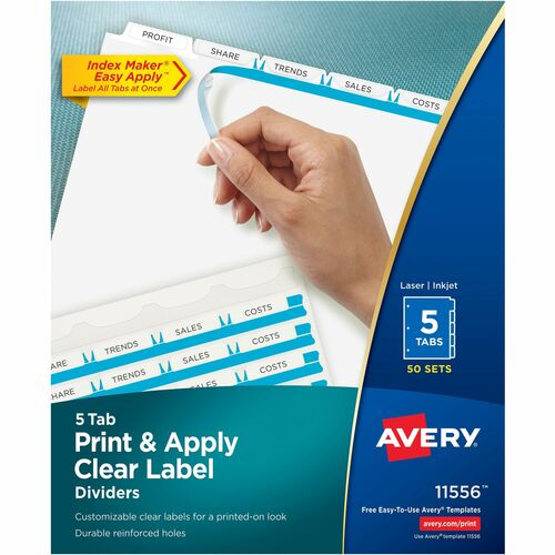 Index Maker, Laser, Punched, 5 Tabs, 8-1/2" x 11", Clear 50/BX