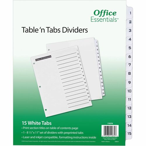 Index Dividers, With Table of Contents, 1-15 Tab, Black/White,