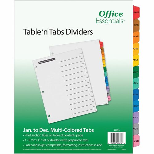 Table 'N Tab Index, Jan-Dec, 12-Tab, Multicolor