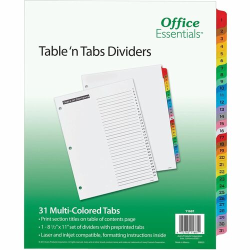 Table 'N Tab Dividers, 1-31, Multicolor