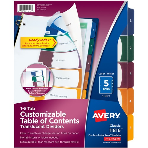 Dividers w/Table of Contents, 5-Tab, 1-5, Transparent/Multicolor