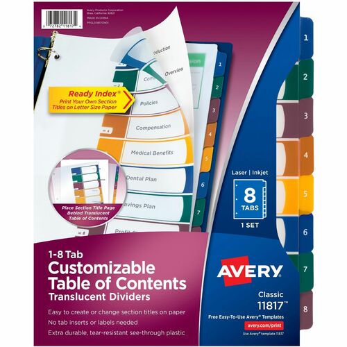 Dividers w/Table of Contents, 8-Tab, 1-8, Transparent/Multicolor