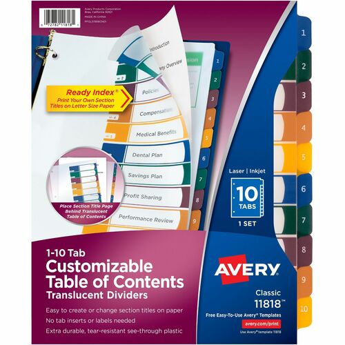 Dividers w/Table of Contents, 10-Tab, 1-10, Transparent/Multicolor
