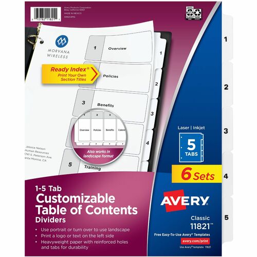 Dividers, Table of Contents, 5-Tab, Letter, Black/White 6/PK