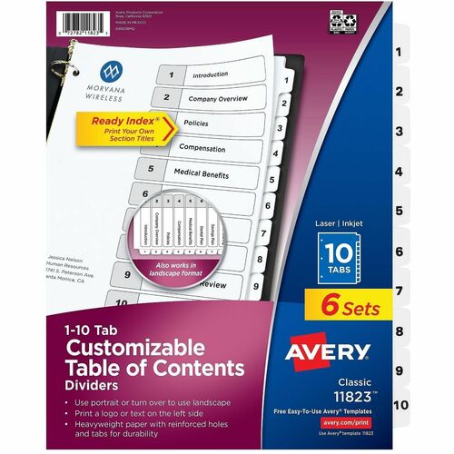 Dividers, Table of Contents, 10-Tab, Letter, Black/White 6/PK