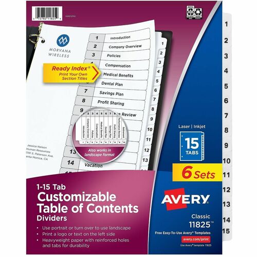 Dividers, Table of Contents, 15-Tab, Letter, Black/White 6/PK