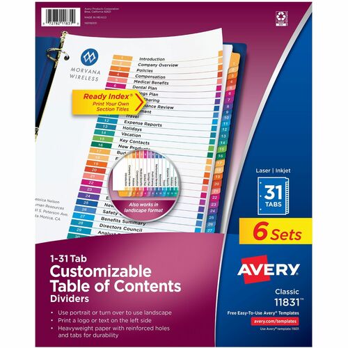 Dividers, Table of Contents, Monthly Tabs, Letter, Mylar 6/PK
