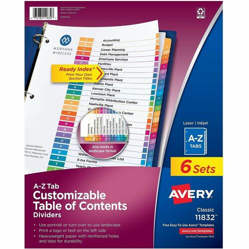Dividers, Table of Contents, A-Z Tabs, Letter, MC 6/PK