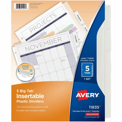 Insertable Tab Dividers, Plastic, 5-Tab, Clear
