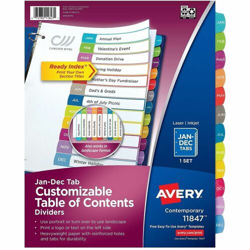 Ready Index Dividers, Jan-Dec Tabs, Multi