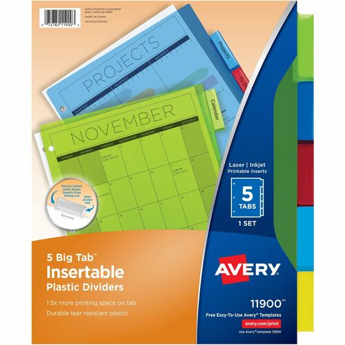 Insertable Tab Dividers, Plastic, 5-Tab, Multi