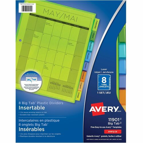Insertable Tab Dividers, Plastic, 8 Tab, Multi