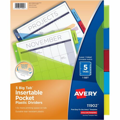 Pocket Insertable Dividers, Plastic, 5-Tab, Multi-Color