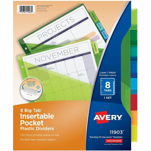 Pocket Insertable Dividers, Plastic, 8-Tab, Multi-Color