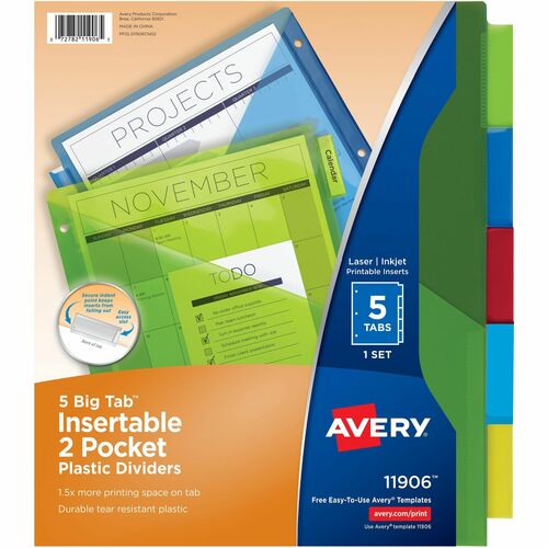 Two-Pocket Insertable Dividers, Plastic, 5-Tab, Multi-Color