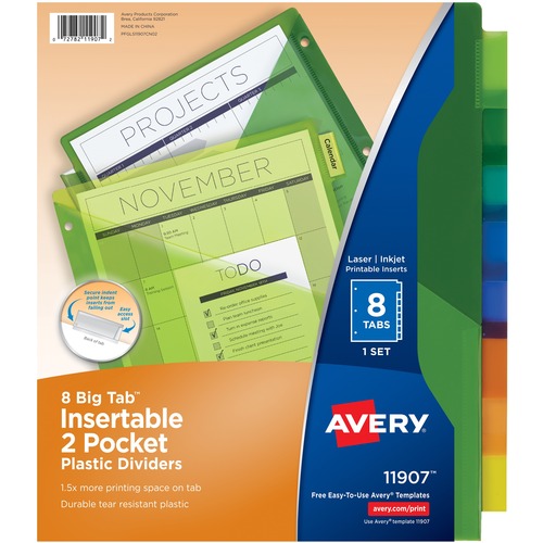Two-Pocket Insertable Dividers, Plastic, 8-Tab, Multi-Color