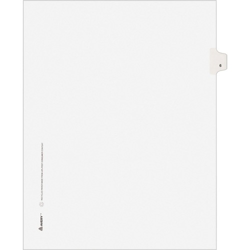 Numeric Divider, "6", Side Tab, 8-1/2" x 11", White 25/PK