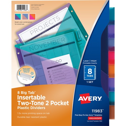 Dividers, 2-Tone, 8-Tab, 3 Hole Punch, 9-1/4" x 11-1/8", Ast 24/CT