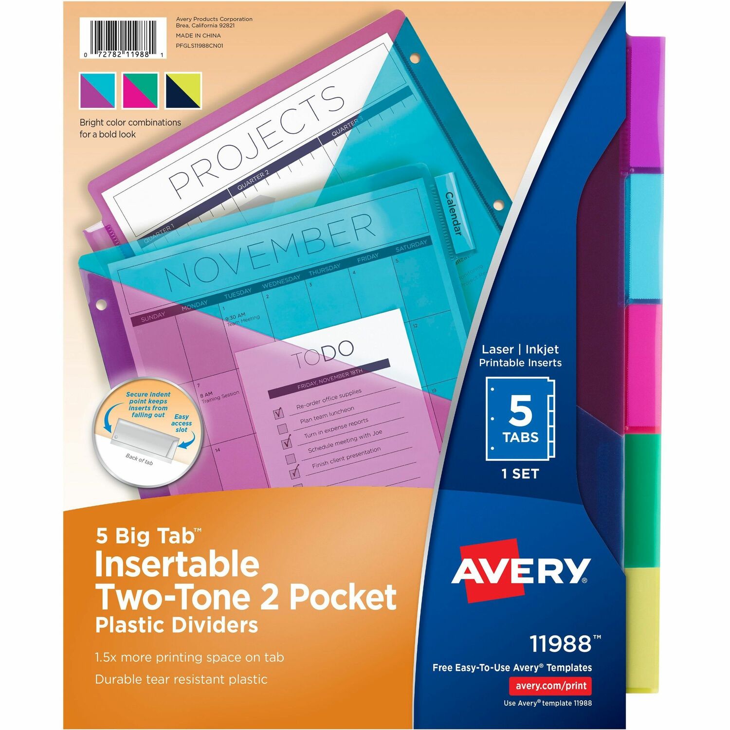 Dividers, 2-Tone, 5-Tab, 3-Hole Punch, 9-1/4" x 11-1/8", AST 24/CT