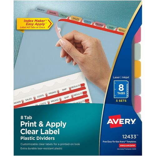 Index Label Dividers, Plastic, 8-Tab, 3 Hole Punched, AST 25/PK