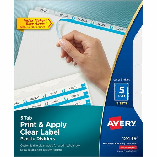Index Label Dividers, Plastic, 5-Tab, 3 Hole Punched, Clear 25/PK