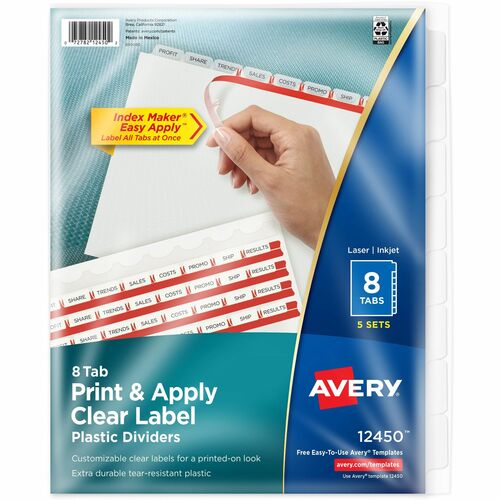 Index Label Dividers, Plastic, 8-Tab, 3 Hole Punched, Clear 25/PK