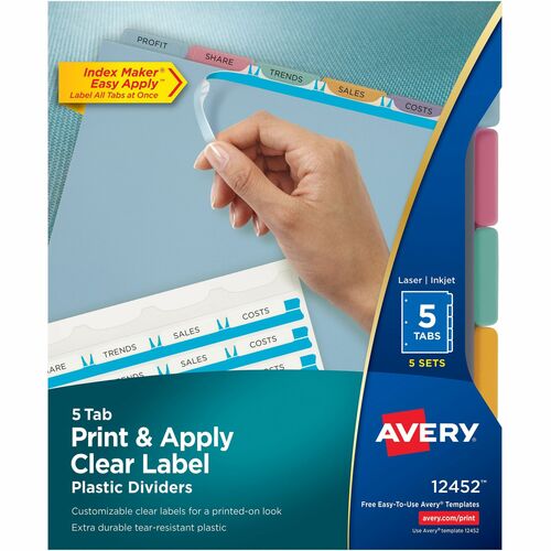 Index Label Dividers, Plastic, 5-Tab, 3 Hole Punched, AST 25/PK