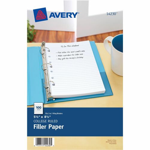 Filler Paper, College Ruled, 5-1/2"x8-1/2", White 100/PK