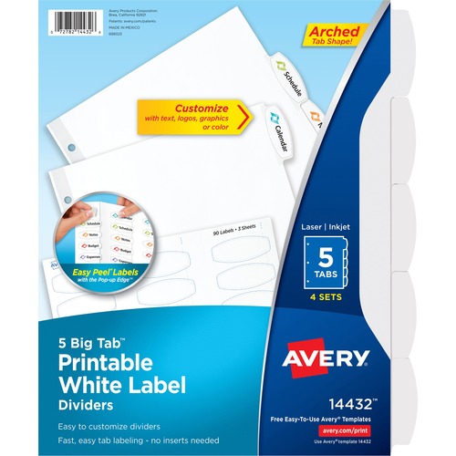 Dividers, Big Tab, With Labels, 3HP, 5-Tab, White 4/PK