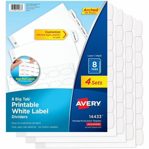 Dividers, Big Tab, With Labels, 3HP, 8-Tab, White 4/PK