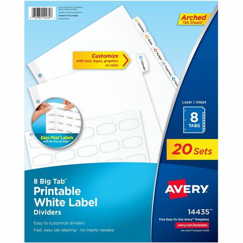 Dividers, Big Tab, with Labels, 3 Hole Punch, 8 Tab, White 20/BX