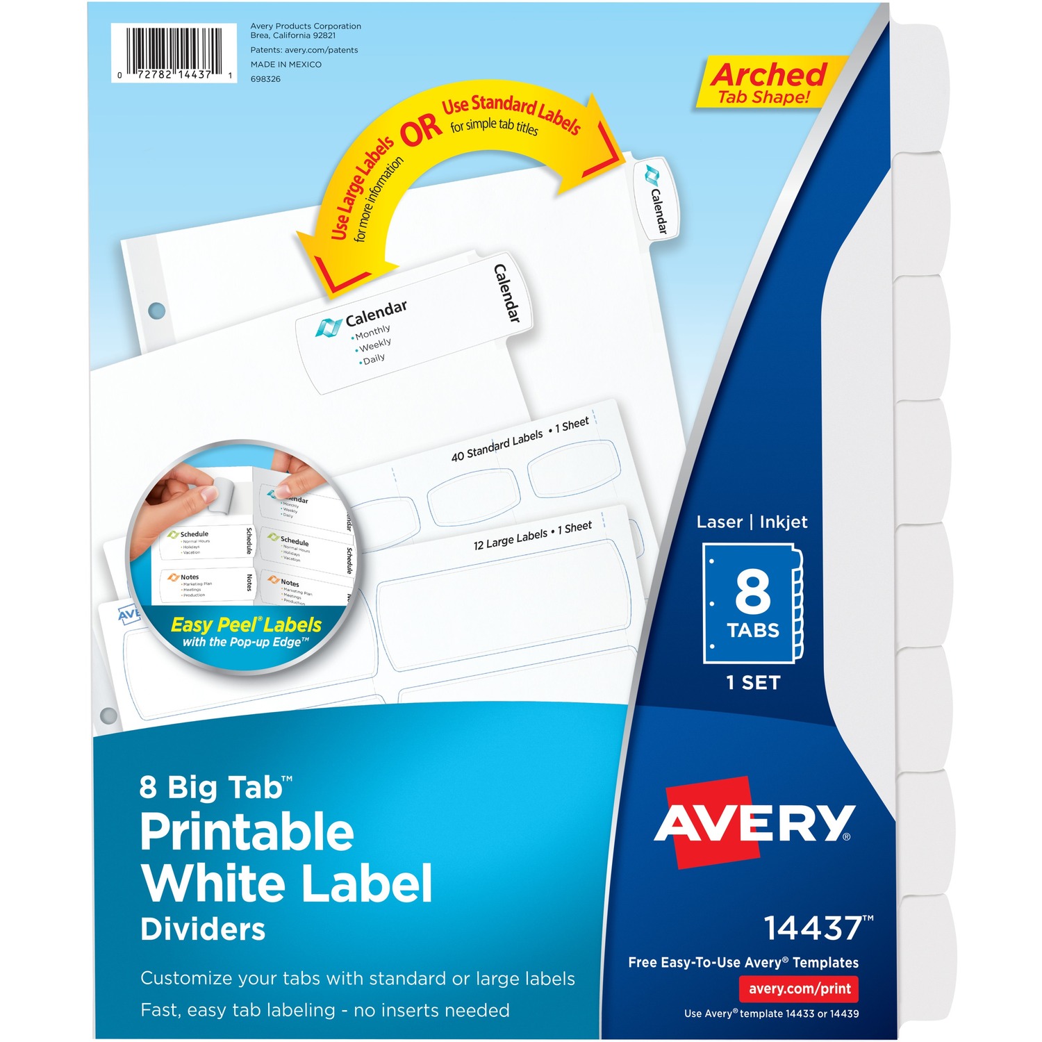Dividers, Big Tab, With Labels, 3HP, 8-Tab, White 36/CT