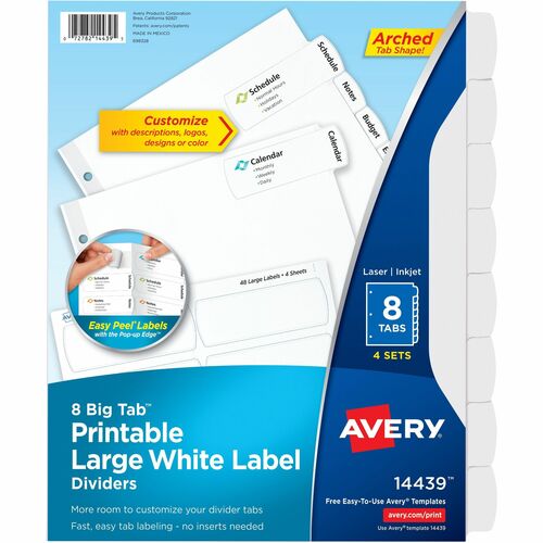 Dividers with Big Tabs, Easy Peel, 8-Tab/ST, White 4/PK