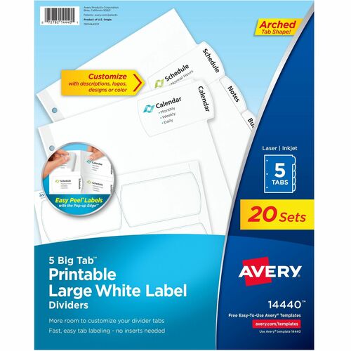 Dividers with Big Tabs, Easy Peel, 5-Tab/ST, WE 20/BX