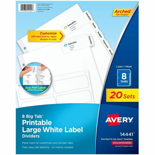 Dividers with Big Tabs, Easy Peel, 8-Tab, White 20/BX