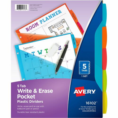 Write-On Dividers with Pocket, 5-Tab, 9-1/4" x 11-1/8", Bright Assorted