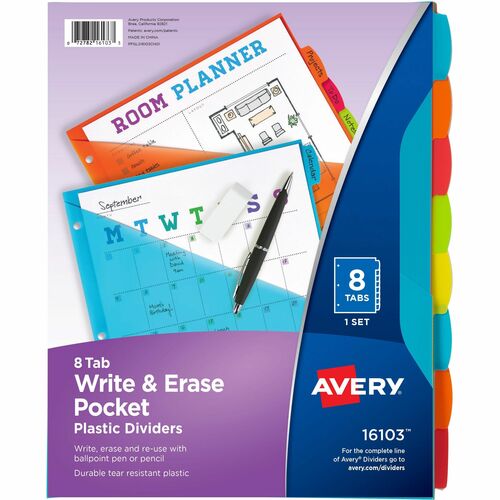 Write-On Dividers with Pocket, 8-Tab, 9-1/4" x 11-1/8", Bright AST