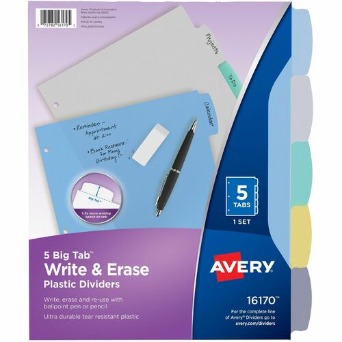 Write-On Dividers, Translucent, 5-Tab, 8-1/2" x 11", Multi 5/ST
