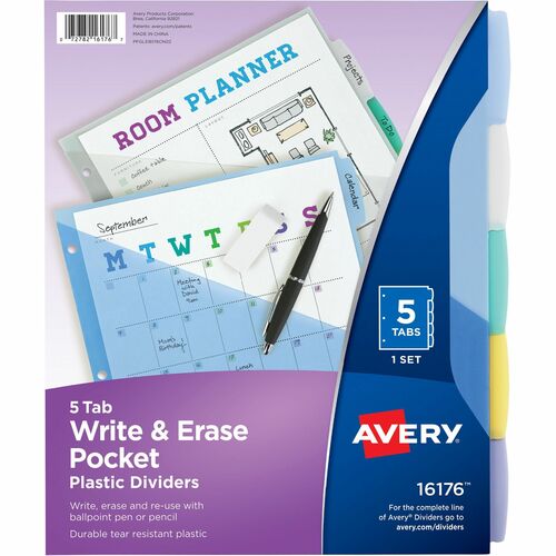 Write-On Dividers With Pocket, 5 Tab, 9-1/4" x 11-1/8", Pastel Assorted 5/ST
