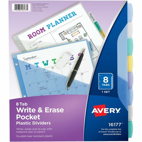 Write-On Dividers With Pocket, 8-Tab, 9-1/4" x 11-1/8", Pastel Assorted 8/ST