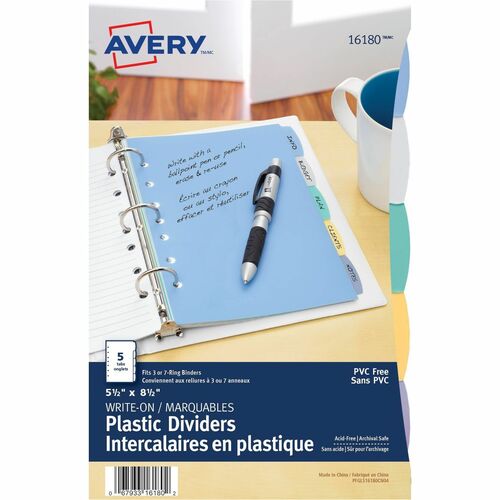 Write On Dividers, Plastic, 5 Tabs, 7 Hole Punch, 8-1/2" x 5-1/2", AST 5/ST