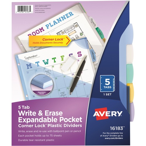 Expandable Pocket Divider, Write-On, 5 Tab, 8-1/2" x 11", Ast