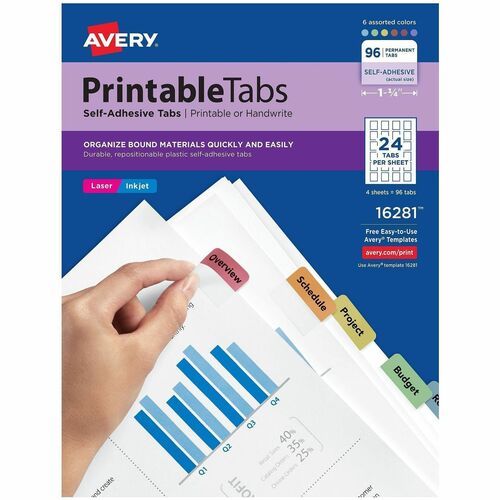 Printable Tabs, Self-Adhesive, 1-1/4", Assorted 96/PK