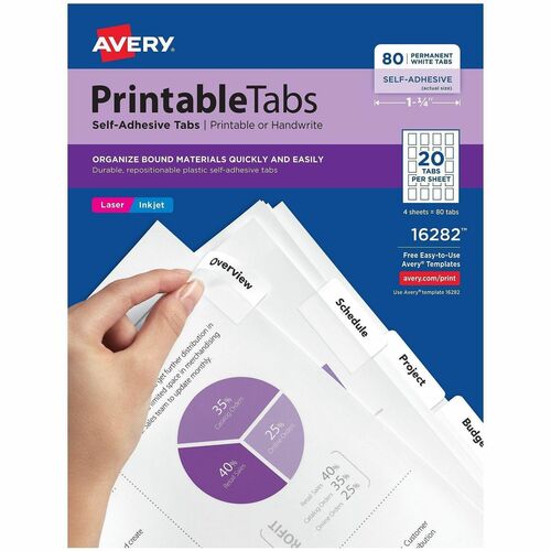 Printable Tabs, Self-Adhesive, 1-3/4", White 80/PK
