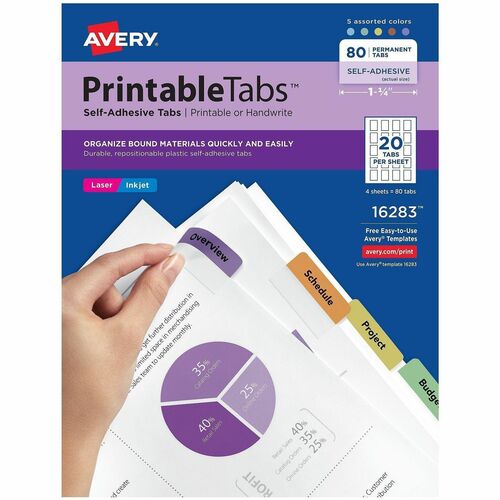 Printable Tabs, Self-Adhesive, 1-3/4", Assorted 80/PK