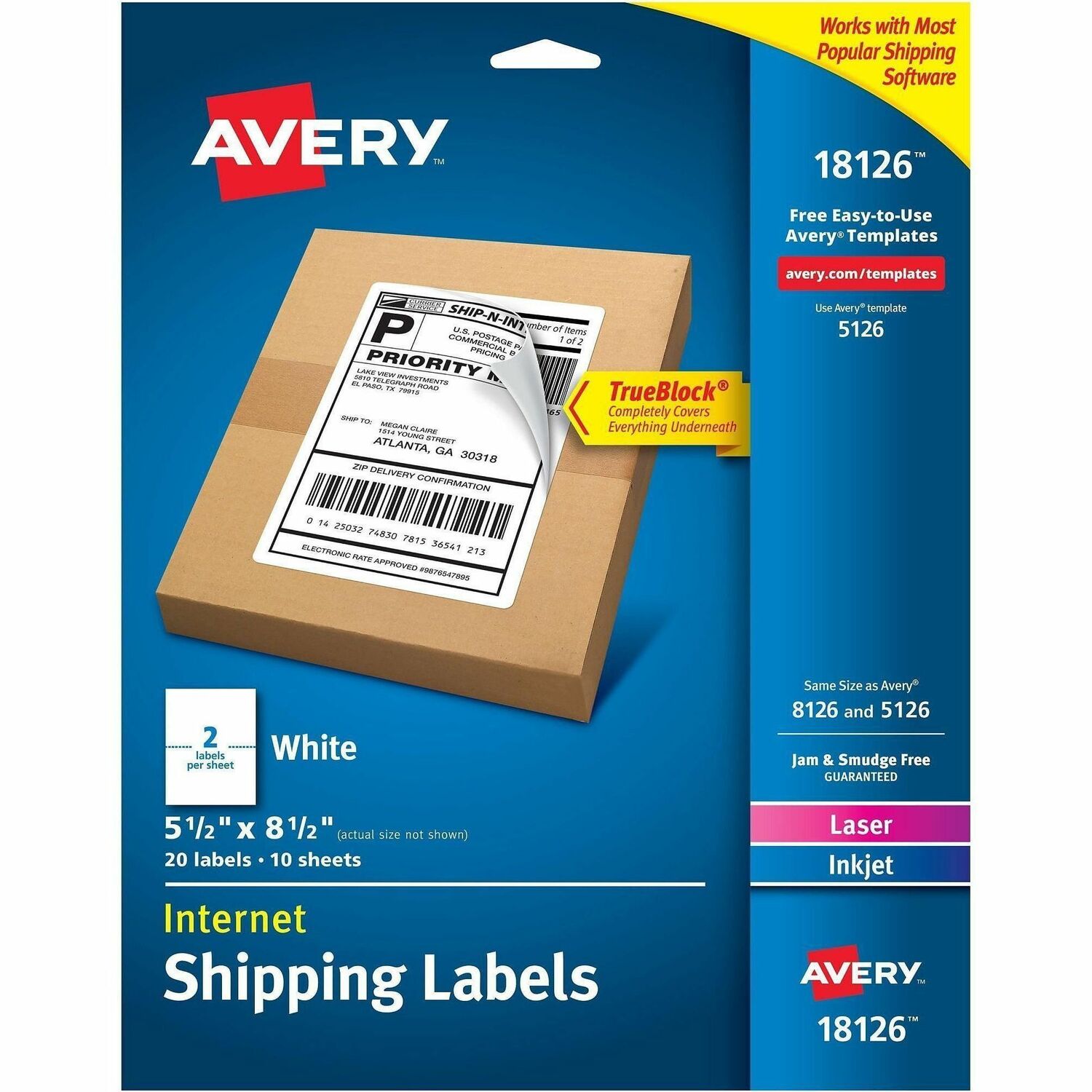 Shipping Labels, Laser/Inkjet, 5-1/2" x 8-1/2", White, 20/PK 5/CT