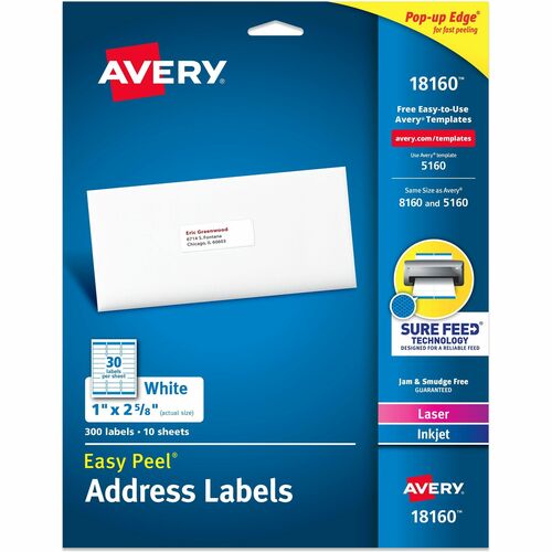 Address Labels, Laser/Inkjet, 1" x 2-5/8", White 300/PK