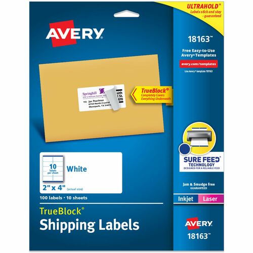 Shipping Labels, For Laser/Inkjet Printers, 2" x 4", White 100/PK