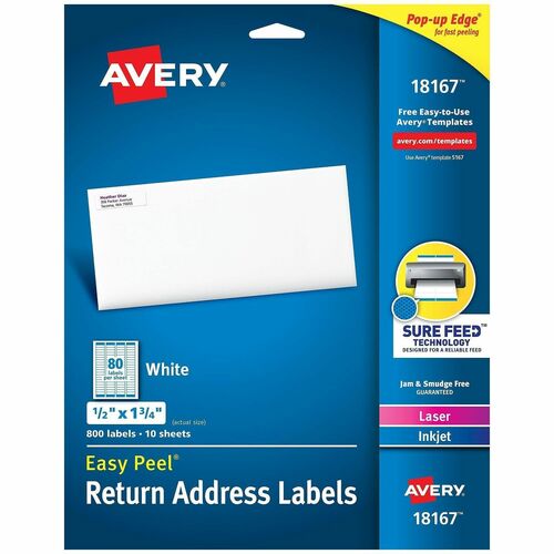 Return Address Label, Laser/Inkjet, 1/2" x 1 3/4", White 800/PK