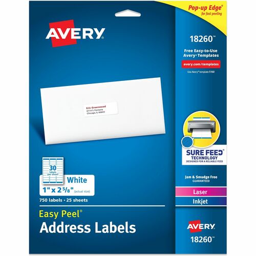 Address Labels, Laser/Inkjet, 1" x 2-5/8", White, 750/PK 5/CT
